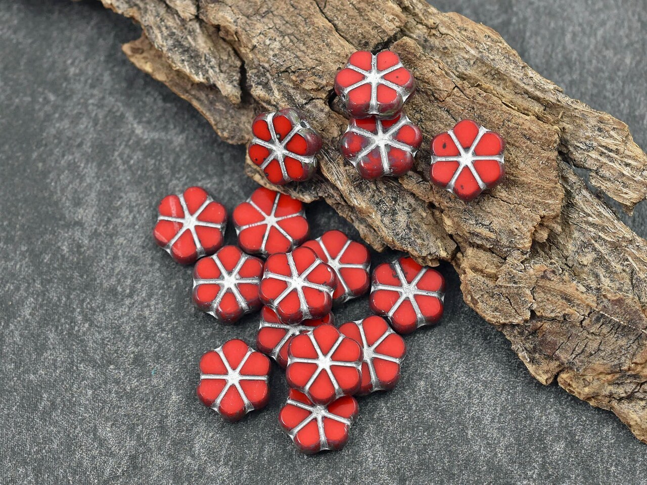 *15* 10mm Silver Washed Opaque Red Travertine Forget Me Not Flower Beads